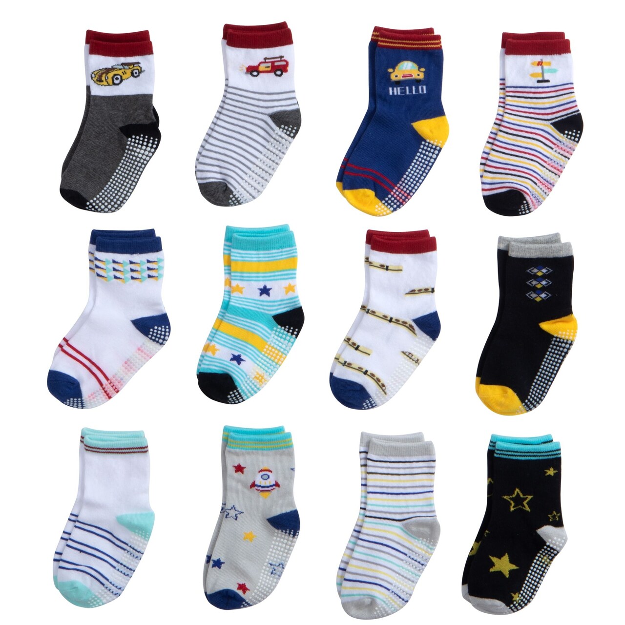 CozyWay Boy Socks With Grippers - Non Slip Crew Grip Socks for Boys Ages 3 Years and Up - Soft Comfy Cotton - Multi Color Cars - 12 Pack